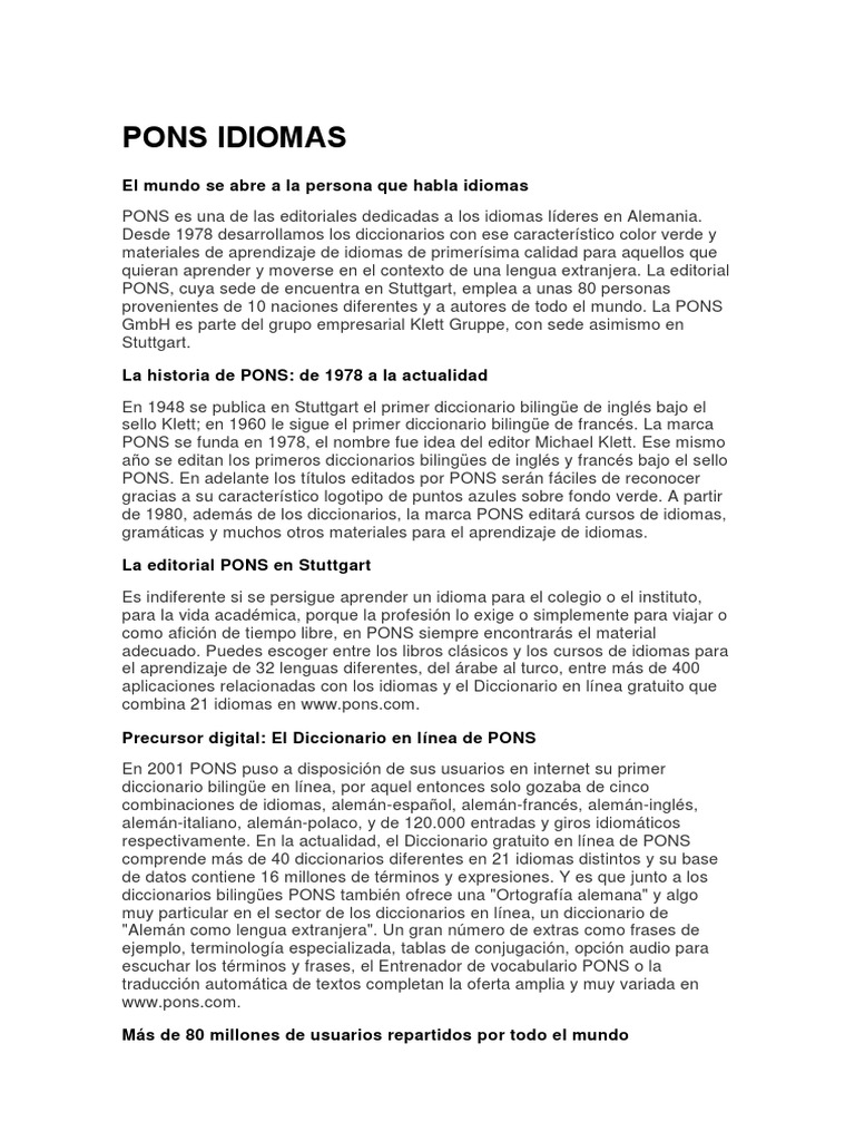PONS Acerca de PONS para Enviar | PDF | Diccionario | Traducciones