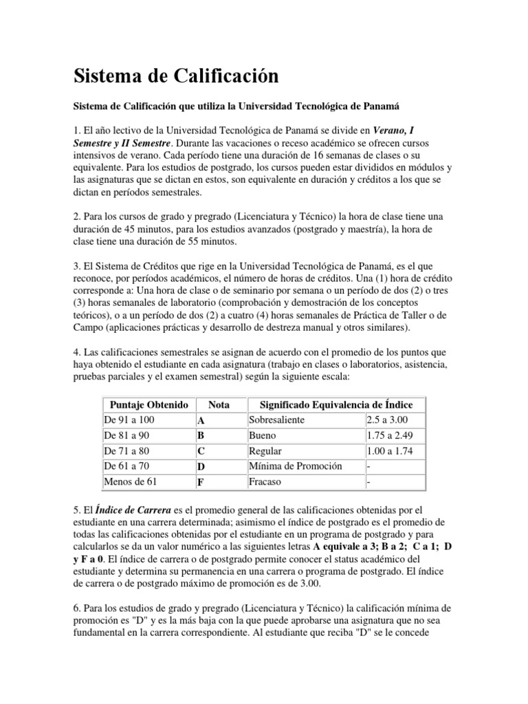 Sistema de Calificacion Que Utiliza La UTP | PDF | Prueba (evaluación ...