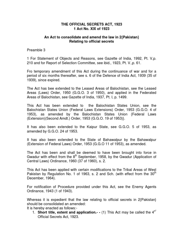 The Official Secrets Act, 1923 1 Act No. XIX of 1923 An Act To ...
