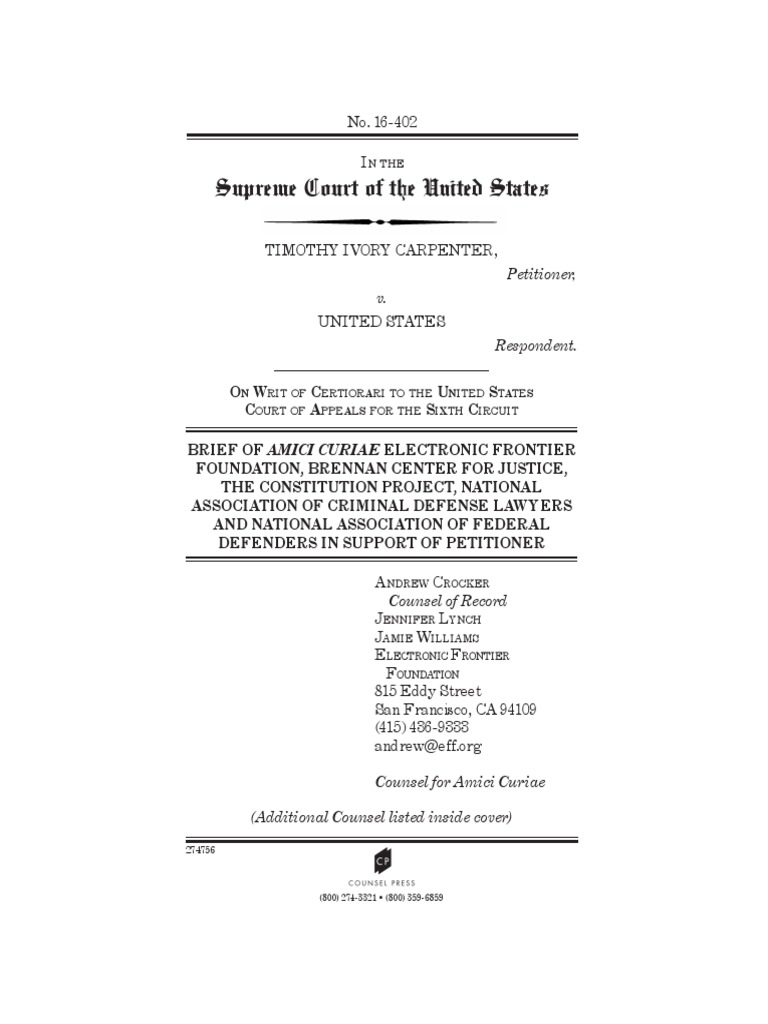 Carpenter v. U.S. (Amicus Brief) Fourth Amendment To The United States Constitution Government