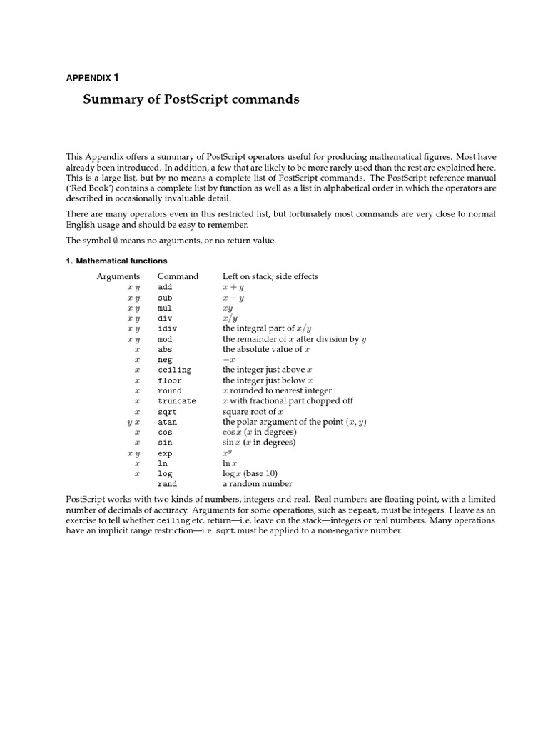 Summary of Postscript Commands 1. Mathematical Functions PDF