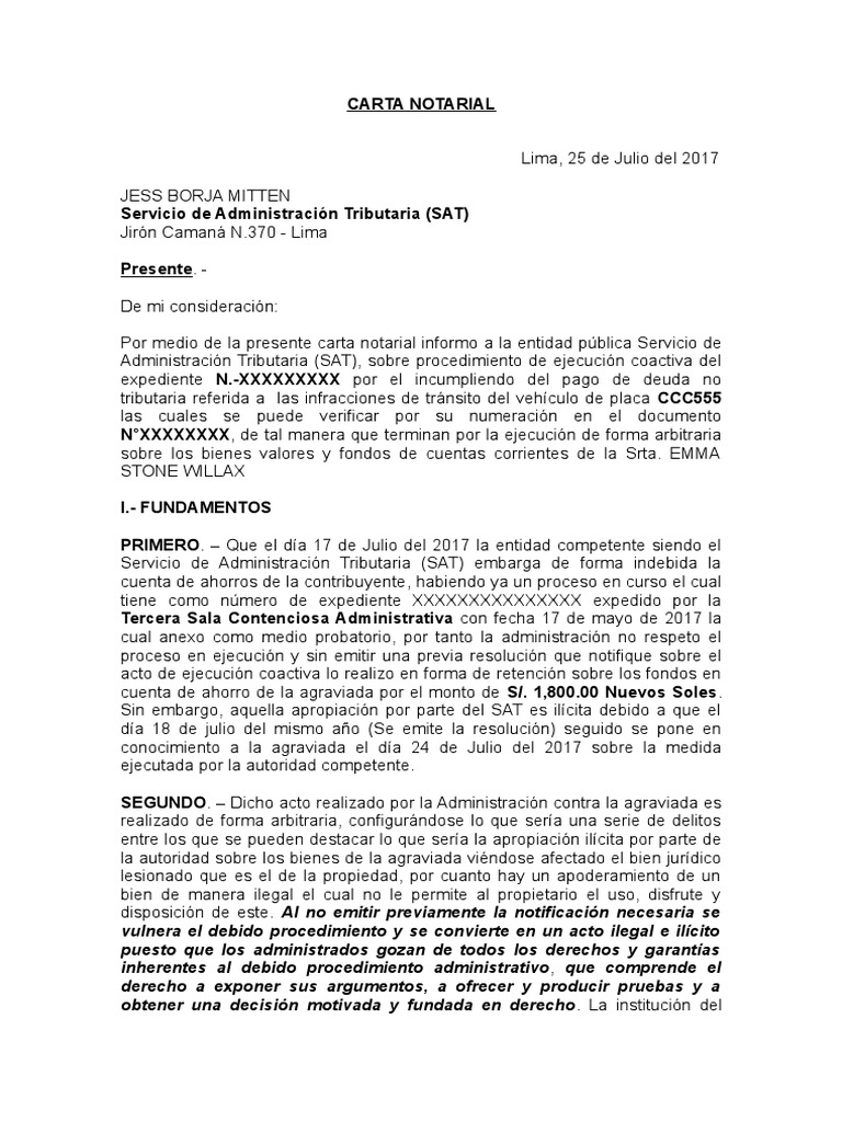 Modelo Carta Notarial A La Sat Perú Procedural Law Virtue