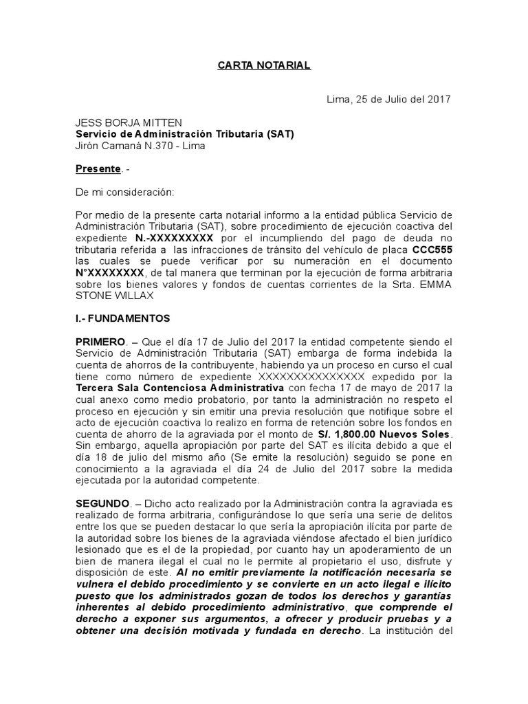 Modelo Carta Notarial a la SAT (Perú)  Procedural Law  Virtue