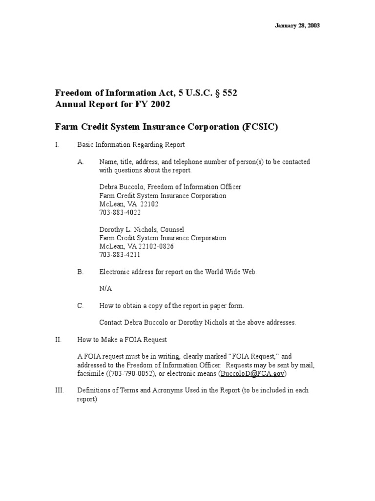 Freedom of Information Act, 5 U.S.C. 552 Annual Report For FY 2002 Farm Credit System Insurance