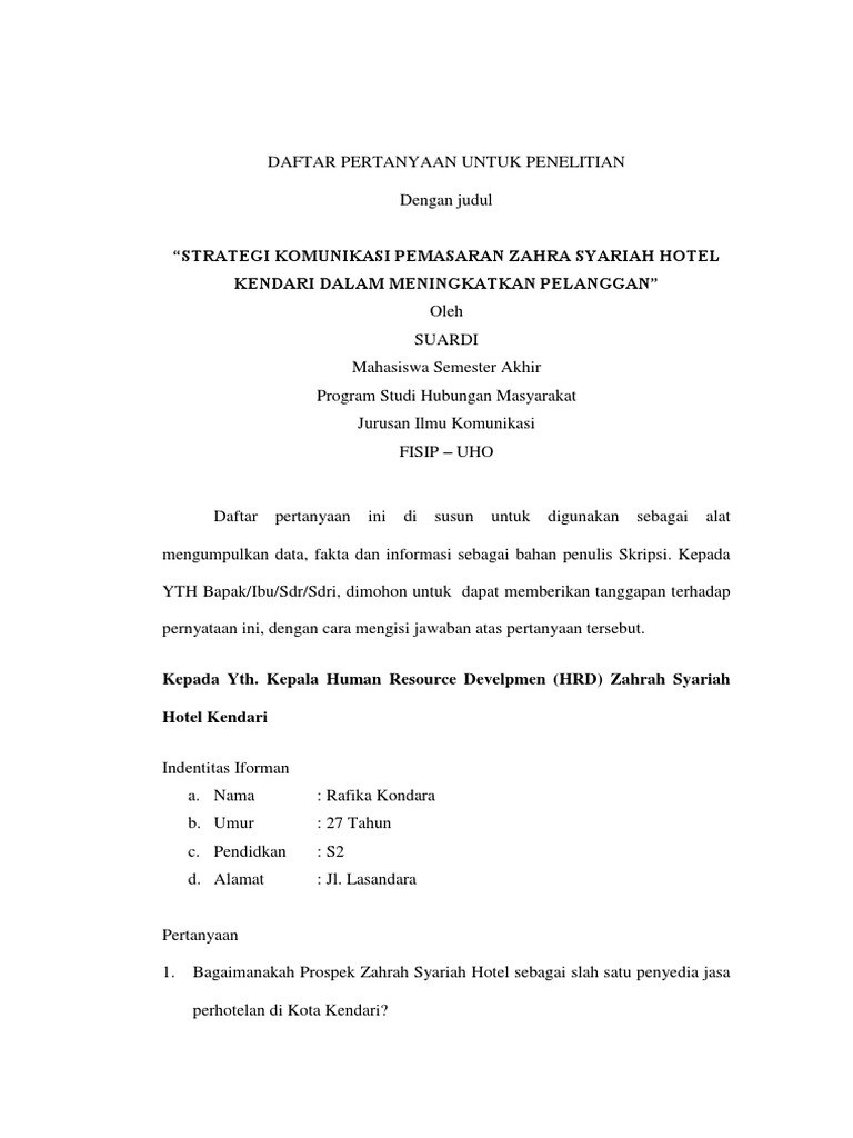 Daftar Pertanyaan Untuk Penelitian