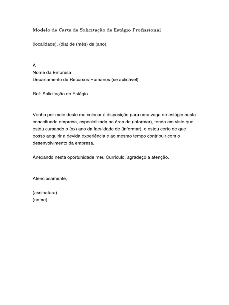 Modelo de Carta de Solicitacao de Estagio Profissional