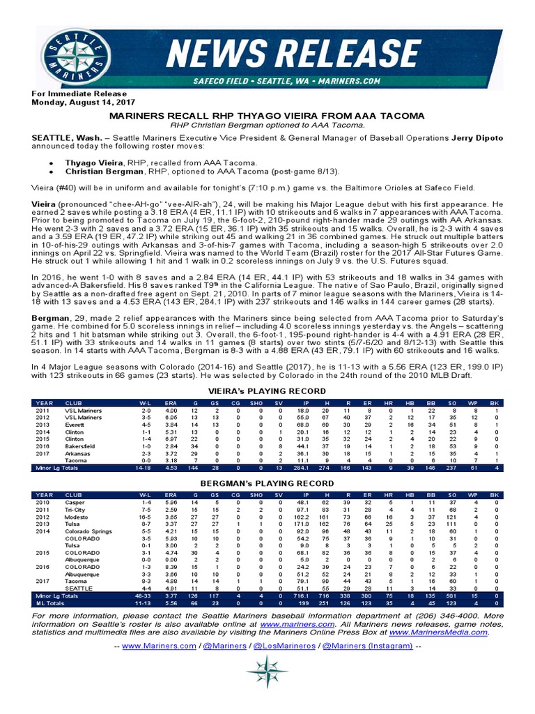 Mariners Recall RHP Thyago Vieira Option RHP Christian Bergman PDF
