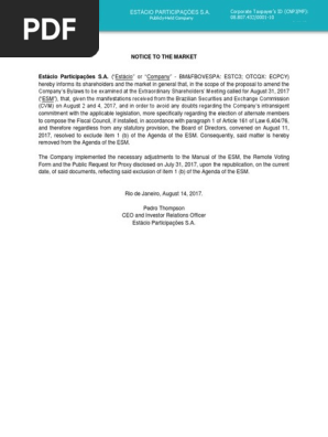 Notice to the Market - Proposal to Amend the Company’s Bylaws