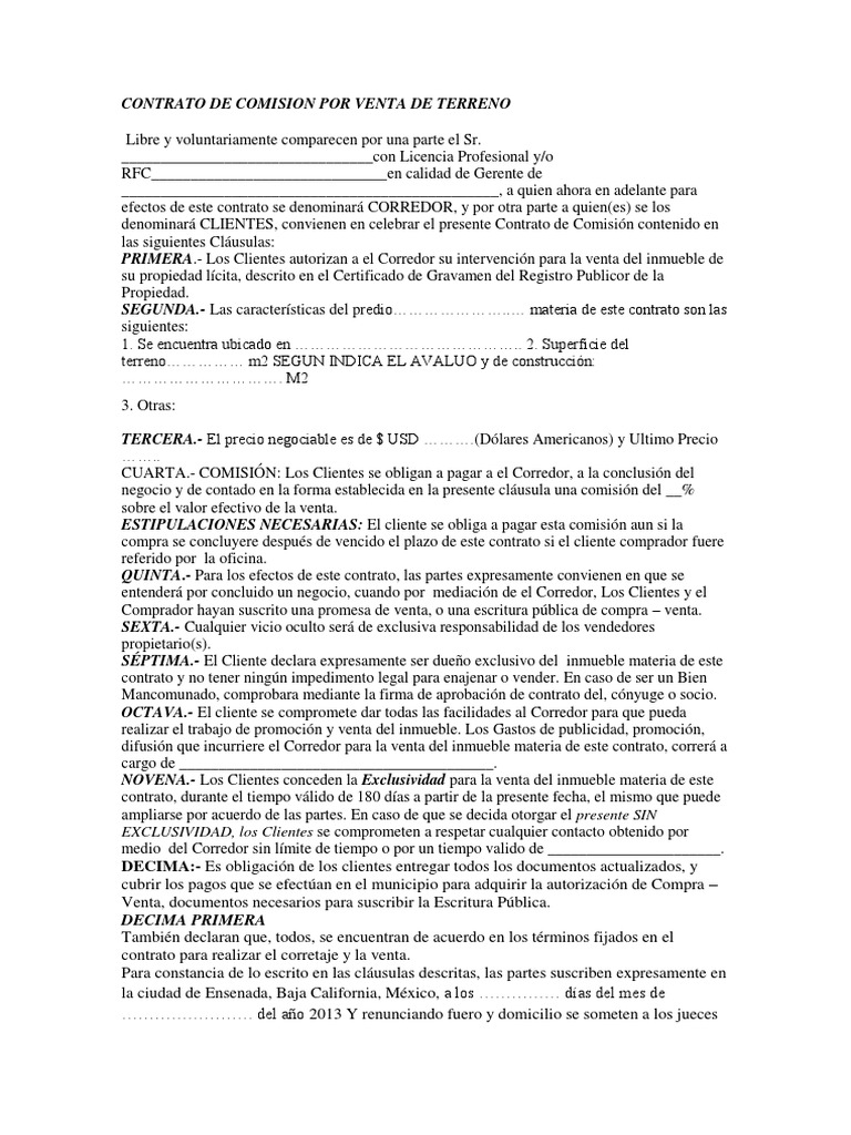 Contrato de Comision Por Venta de Terreno | PDF | Gobierno | Ventas