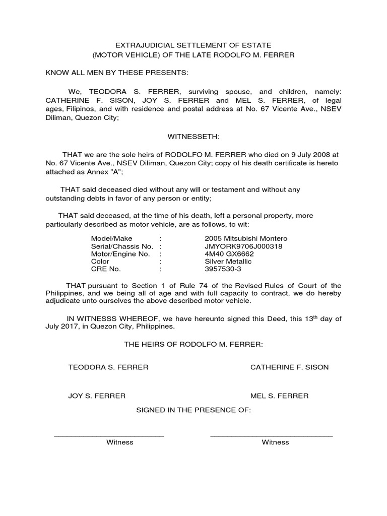 Extrajudicial Settlement of Estate PDF Social Institutions Social