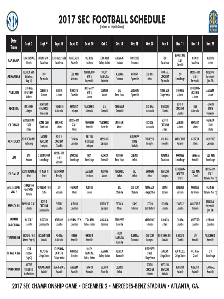 2017 SEC Football Schedule Grid PDF Southeastern Conference