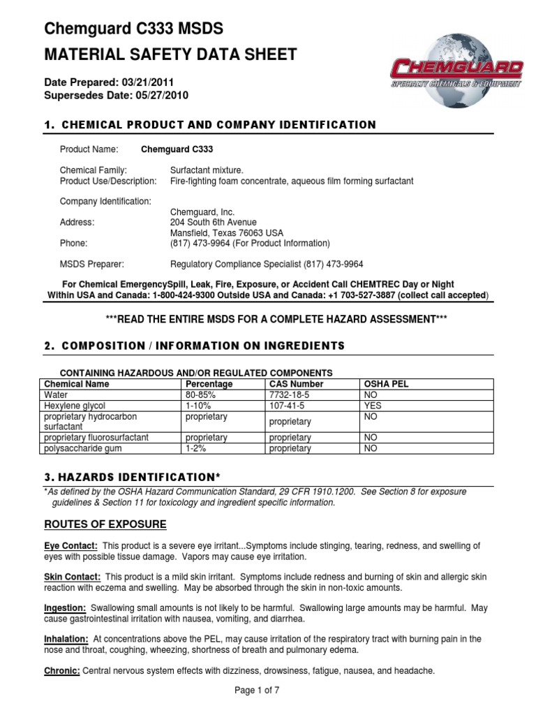 Chemguard C333 Ar Afff 3 Msds PDF Dangerous Goods Formaldehyde