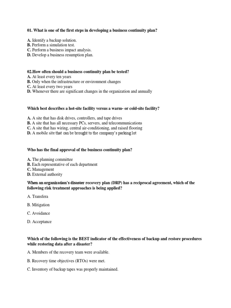 Quiz On Business Continuity And Disaster Recovery Planning Ans Pdf