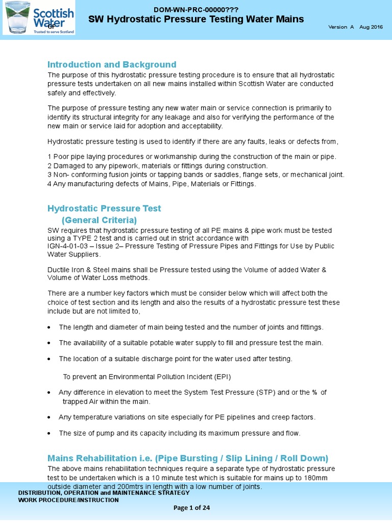 SW Hydrostatic Pressure Testing Water Mains | PDF | Leak | Pipe (Fluid ...