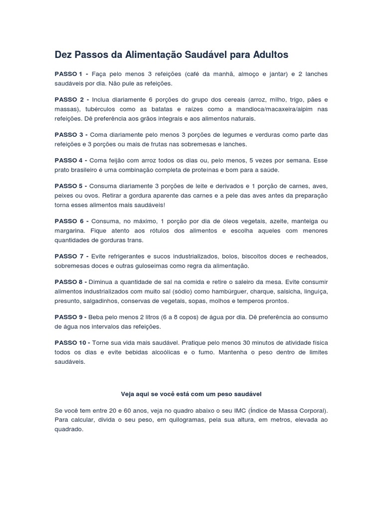Dez Passos Da Alimentação Saudável Para Adultos Pdf índice De Massa