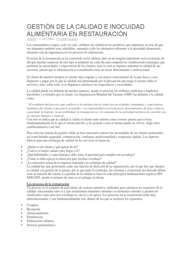 Calidad e Inocuidad en Restauración | PDF | Análisis de Riesgo y Puntos ...