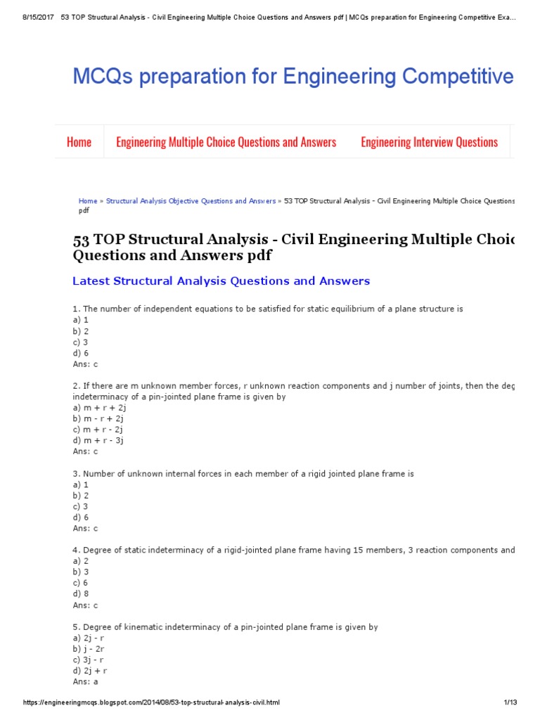 53 TOP Structural Analysis Civil Engineering Multiple Choice