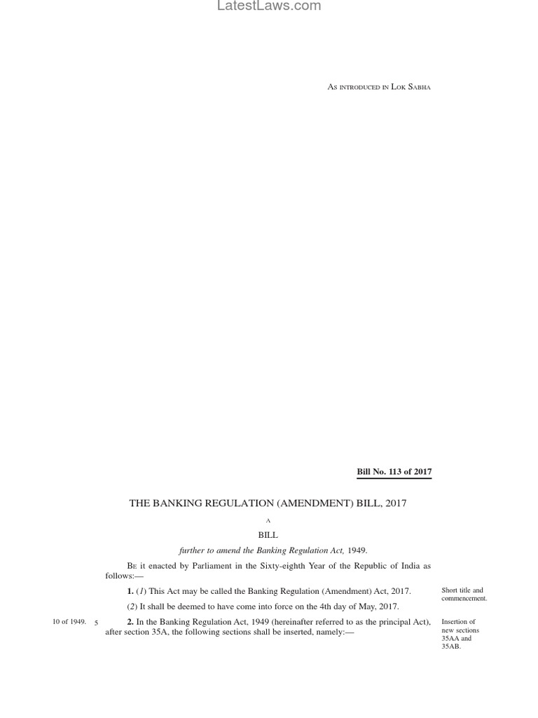 Banking Regulation (Amendment) Bill, 2017 PDF Bankruptcy Act Of