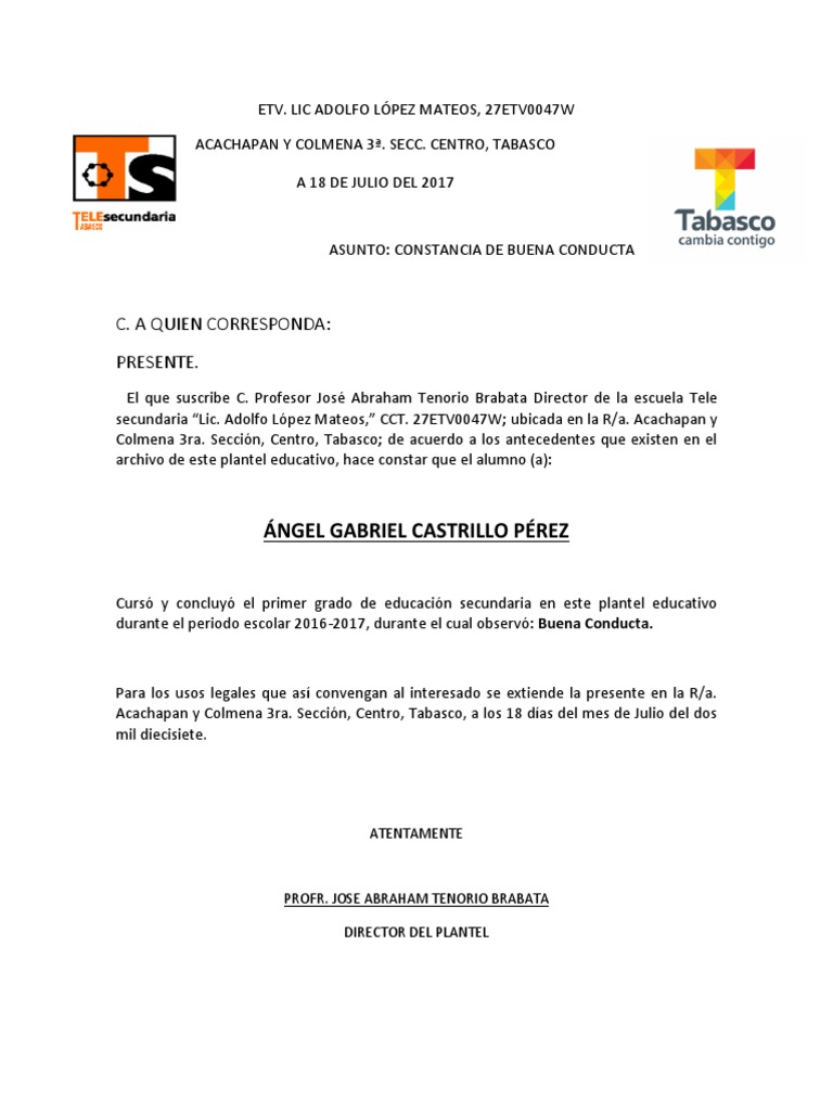 Constancia Buena Conducta 3o.1617 Educación Secundaria Etapas