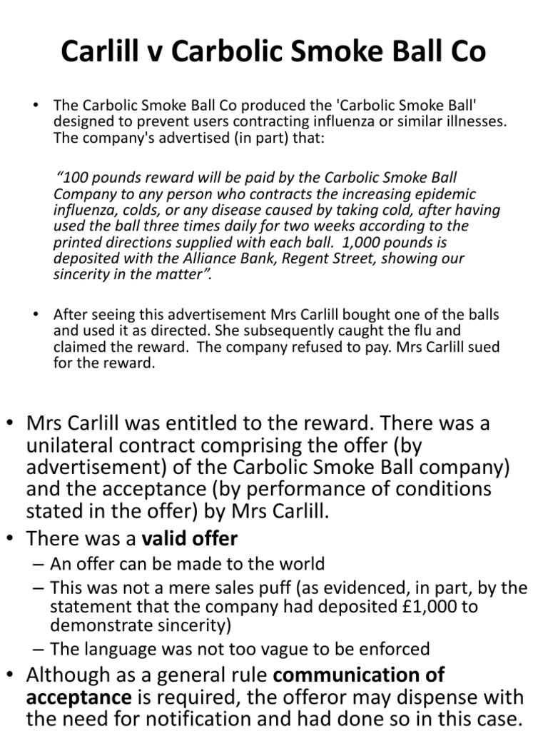 Carlill v Carbolic Smoke Ball Case Summary | PDF | Finance & Money ...