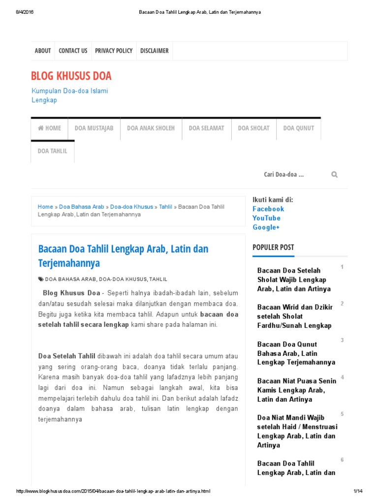 Bacaan Doa Tahlil Lengkap Arab Latin Dan Terjemahannya