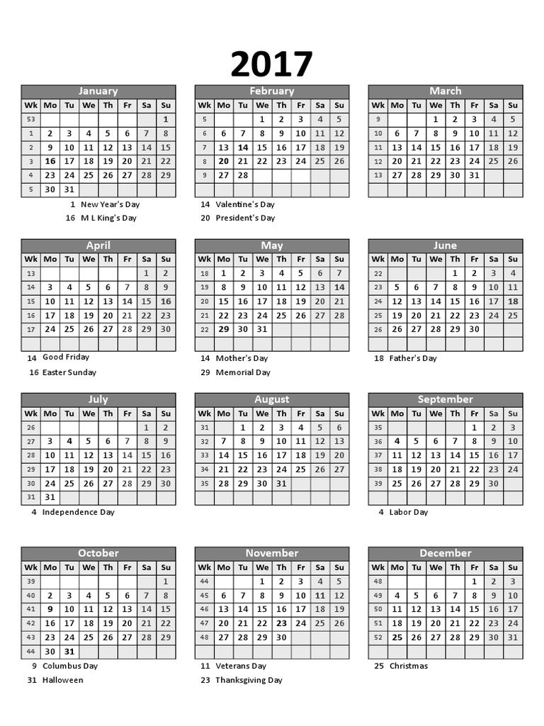 2017 Excel Yearly Calendar 25 PDF Observances Religious Holidays