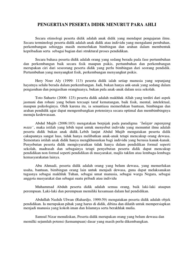 Pengertian Peserta Didik Menurut Para Ahli Pdf