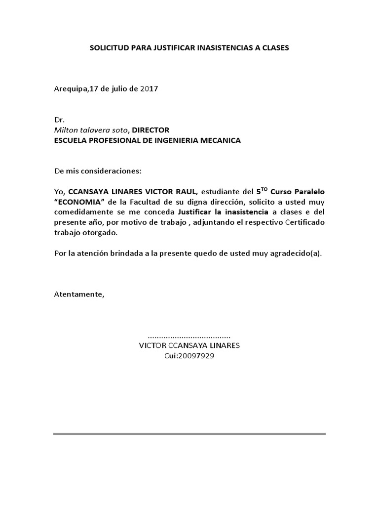 Justificacion De Inasistencia A Clases Por Motivos Laborales