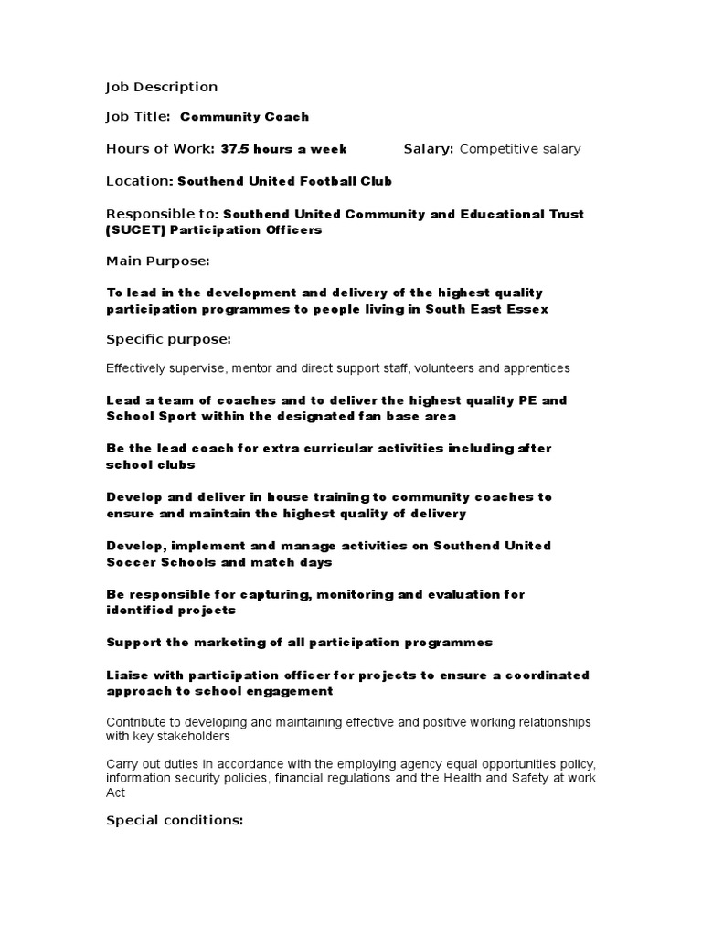 Community Coach Job Description | Occupational Safety And ...