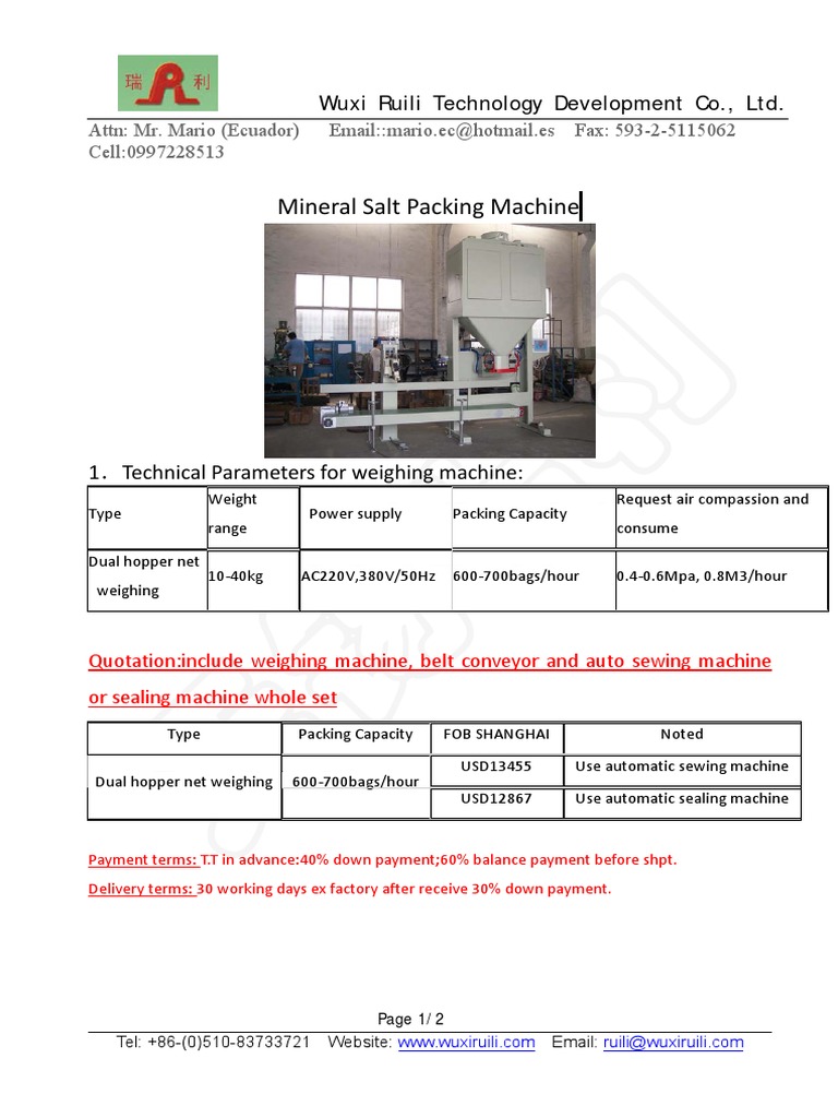 Mineral Salt Packing Machine Specs | PDF | Machines | Manufactured Goods