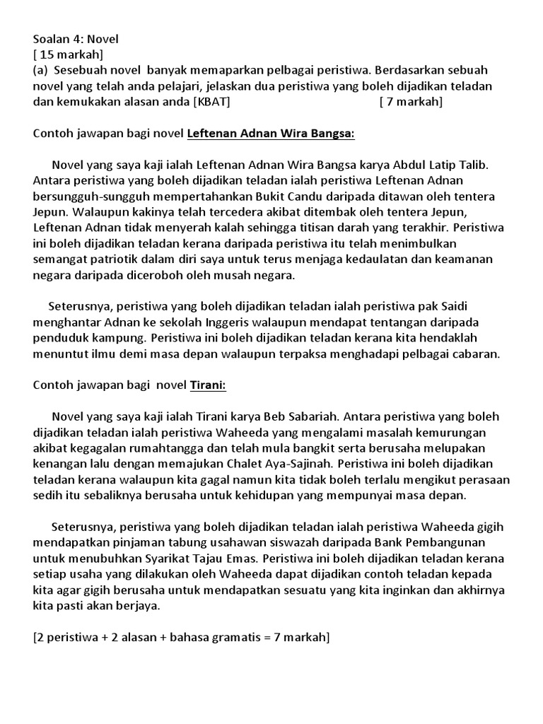 Contoh Jawapan Pengajaran Novel Leftenan Adnan