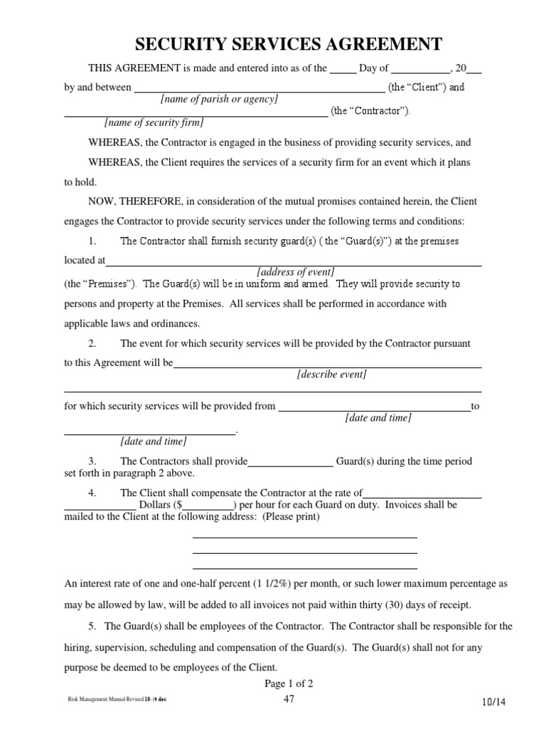 Security Services Agreement Template | PDF | Indemnity | Insurance