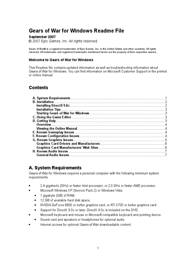 Gears of War For Windows Readme File: September 2007 | PDF | Microsoft ...