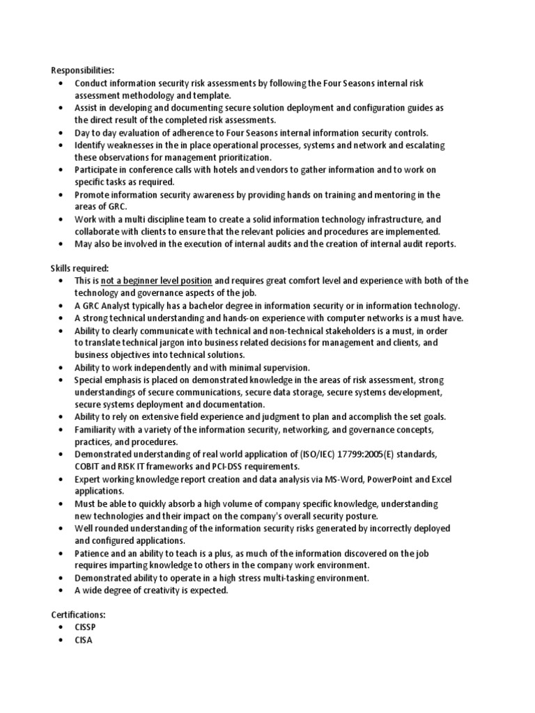 GRC Analyst Job Description Information Security Risk