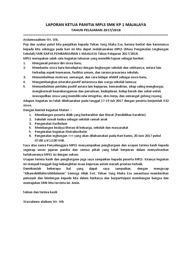 Laporan Ketua Panitia Mpls Smk Kp 1 Majalaya