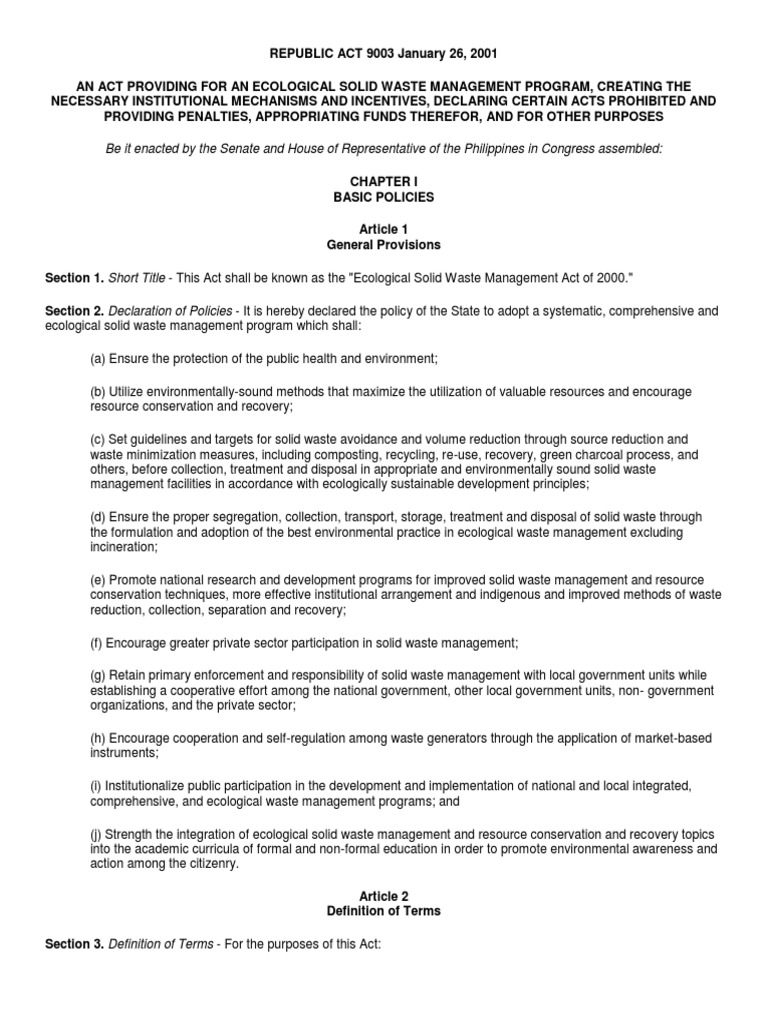 The Ecological Solid Waste Management Act of 2000 Establishing