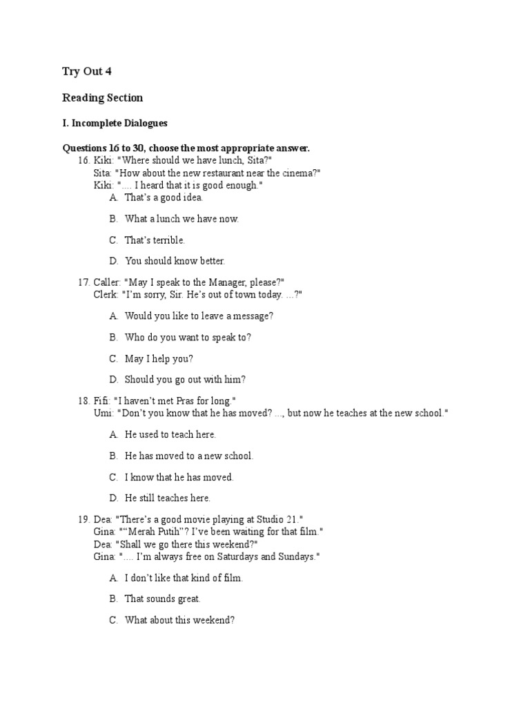 Incomplete Dialogues Practice Test | PDF
