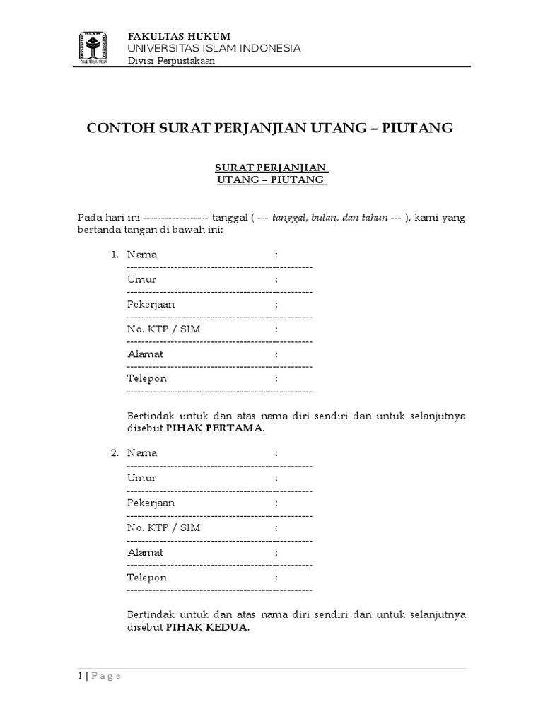 Contoh Surat Perjanjian Hutang Piutang Contoh Surat