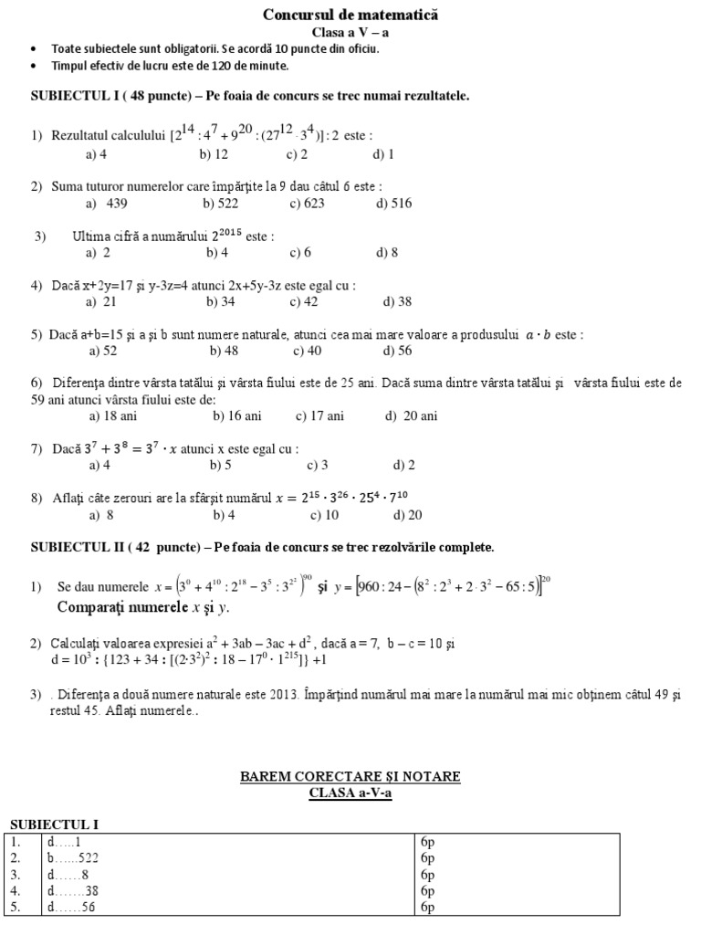 2016 - Matematica - Concursul Clasa A V-A - Subiecte+Barem | PDF