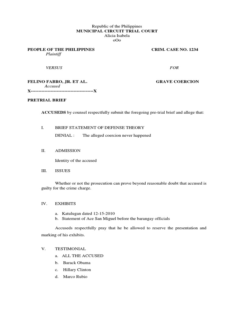 Pretrial Brief Grave Coercion PDF Prosecutor Criminal Procedure