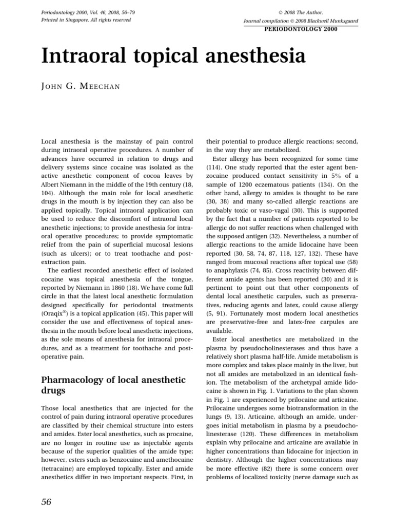 Topical Intraoral Anesthesia Mechanisms of Action and Clinical