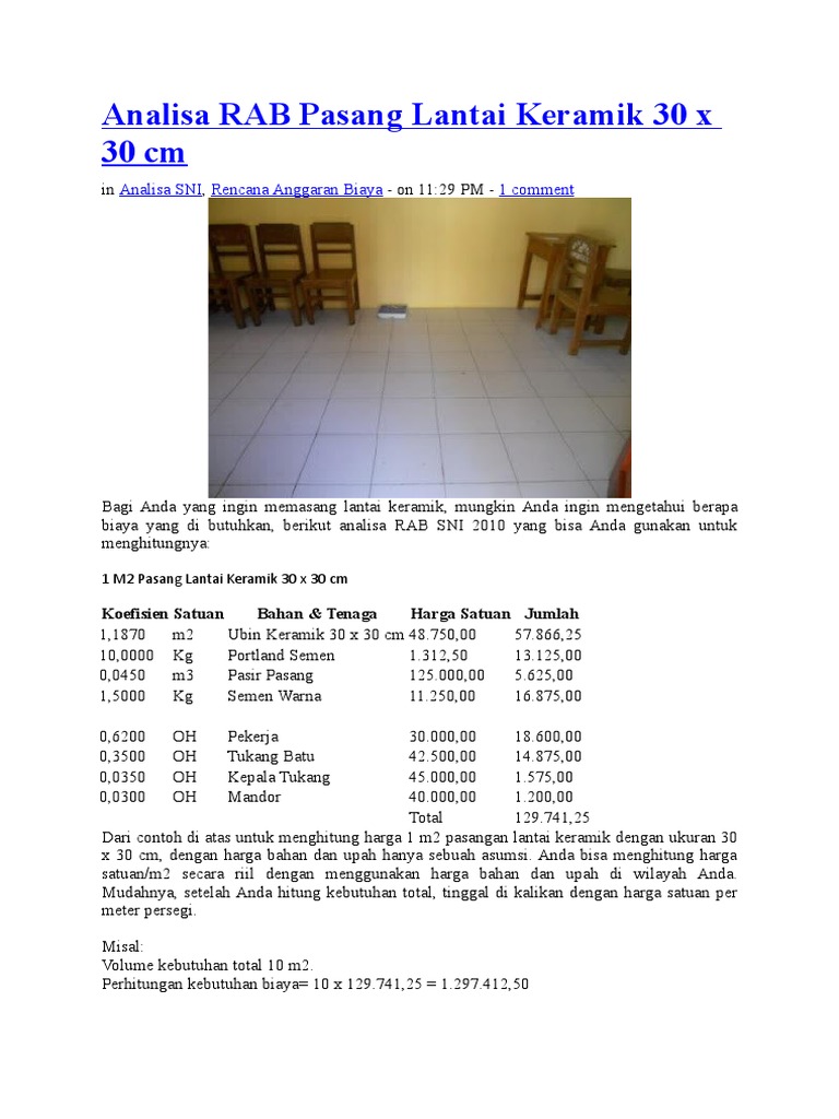 Analisa RAB Pasang Lantai Keramik 30 x 30 cm doc Analisa RAB Pasang Lantai Keramik 30 x 30 cm doc
