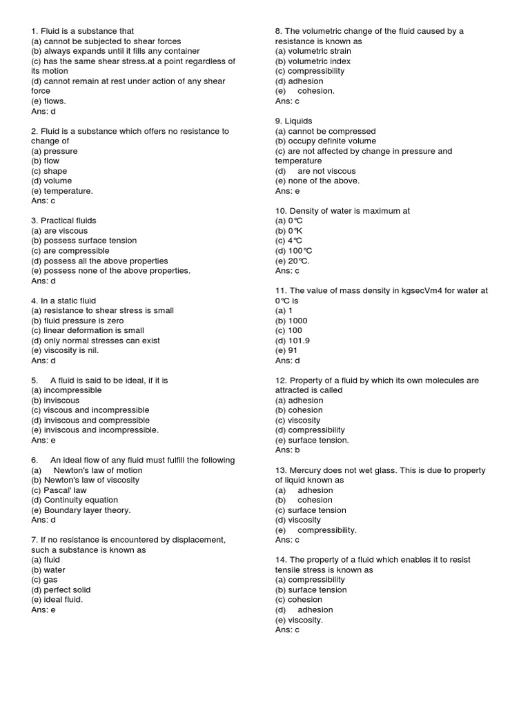 Fluid Mechanics MCQs and Answers | PDF | Buoyancy | Viscosity