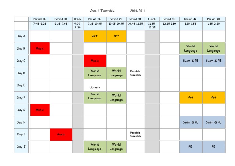 Jane C School Timetable 2010-2011 | PDF