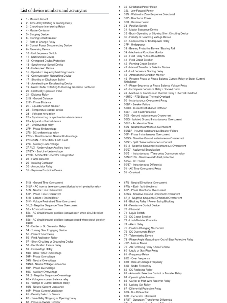 List of Device Numbers and Acronyms Relay Alternating Current