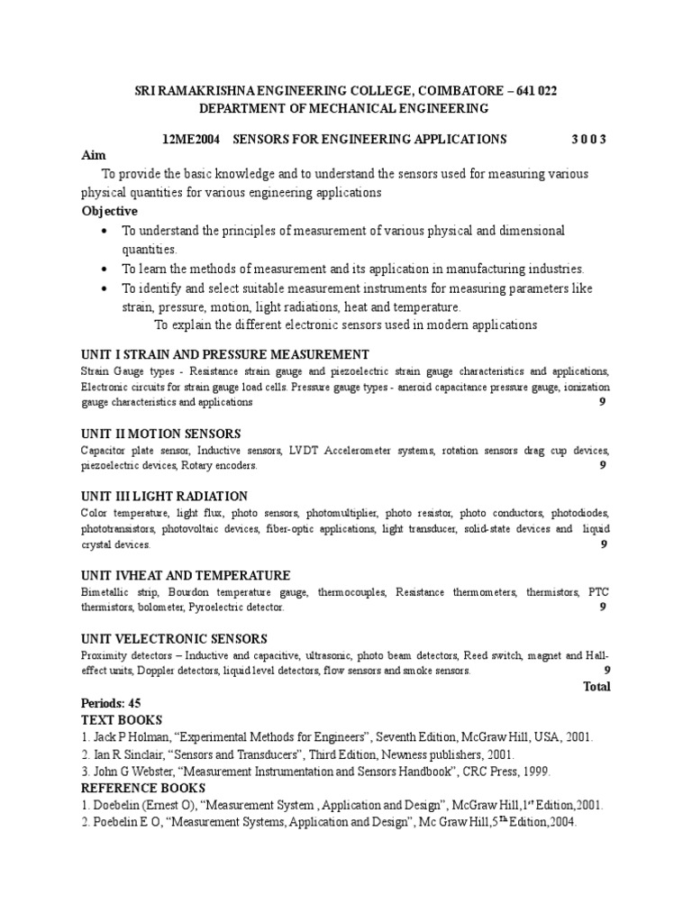 Sensors For Engineering App Syllabus PDF Pressure Measurement Sensor