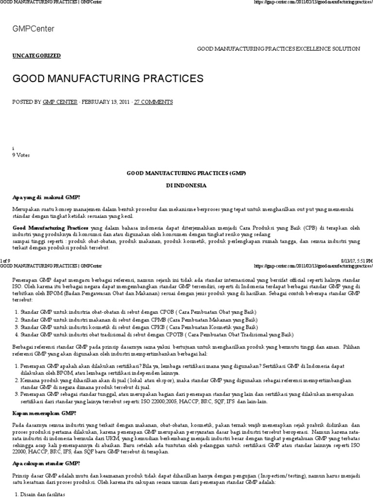 Good Manufacturing Practices Gmpcenter Pdf