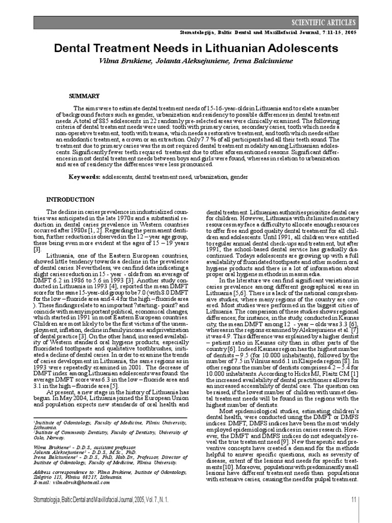 Dental Treatment Needs in Lithuanian Adplescents PDF Dentistry Mouth