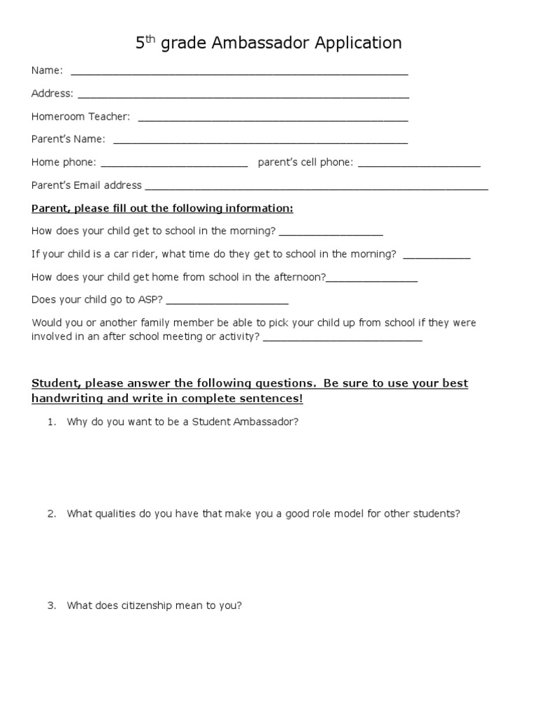 5th Grade Ambassador Sign-Up | PDF | Cognition | Schools