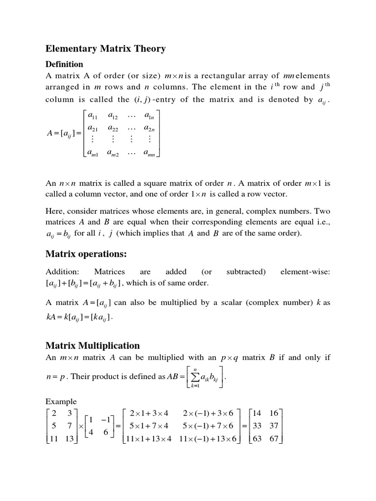 Elementary Matrix Theory Overview | PDF | Matrix (Mathematics ...